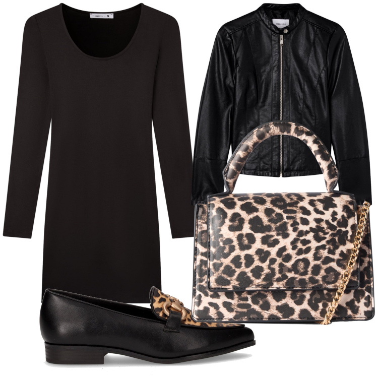 Outfit donna - Animalier per sempre. Stile Urban per Tutti i giorni. Abbinamento con giacche, borse a tracolla, vestiti corti, mocassini.