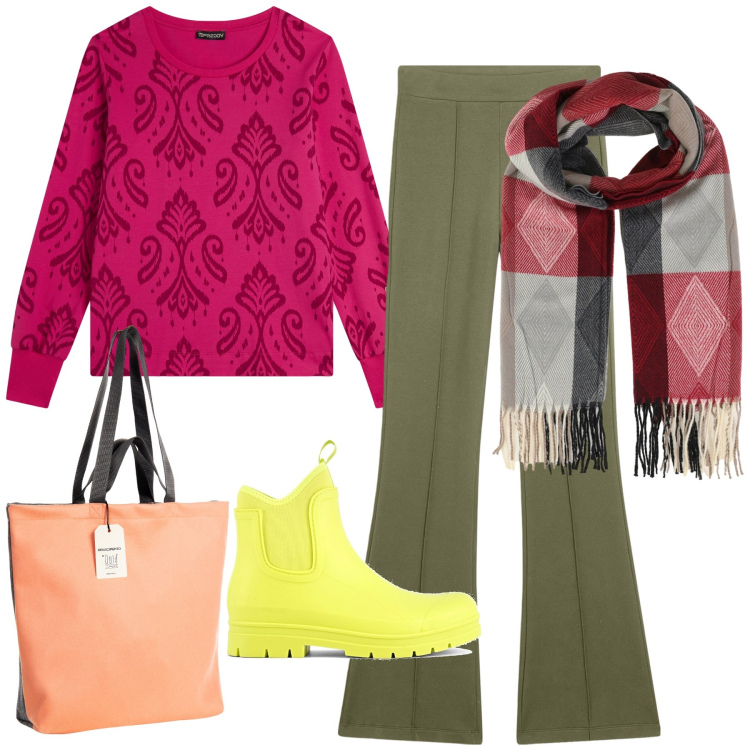 Outfit donna - Giornata super colorata. Stile Trendy per Tutti i giorni. Abbinamento con borse tote, sciarpe, felpe, pantaloni, stivali.