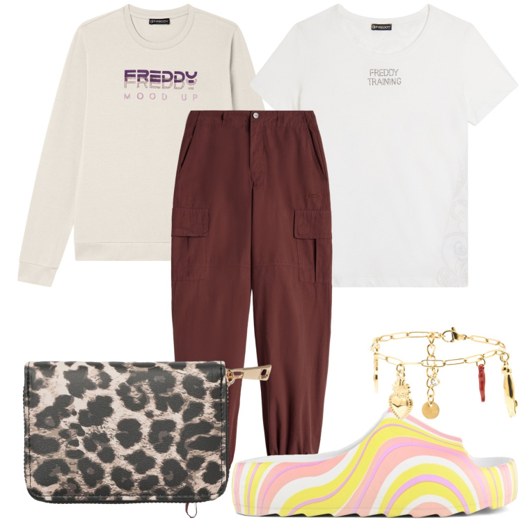 Outfit donna - Smartworking porte bonheur. Stile Trendy per Tutti i giorni. Abbinamento con portafogli, pantaloni cargo, t-shirt, braccialetti, felpe, ciabatte.
