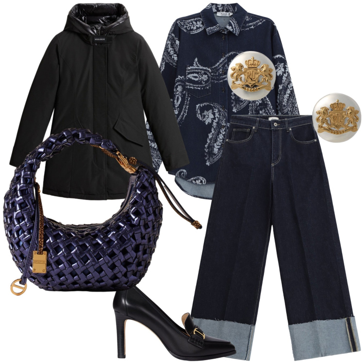 Outfit donna - Pranzo di lavoro. Stile Glamour per Tutti i giorni. Abbinamento con camicie, borse a mano, jeans, orecchini, décolleté, parka.