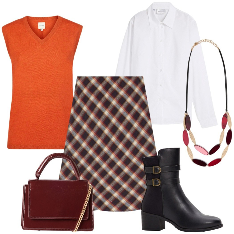 Outfit donna - Total look #2285059. Stile Casual chic per Ufficio. Abbinamento con camicie, stivaletti, borse a tracolla, gonne, maglieria, collane.