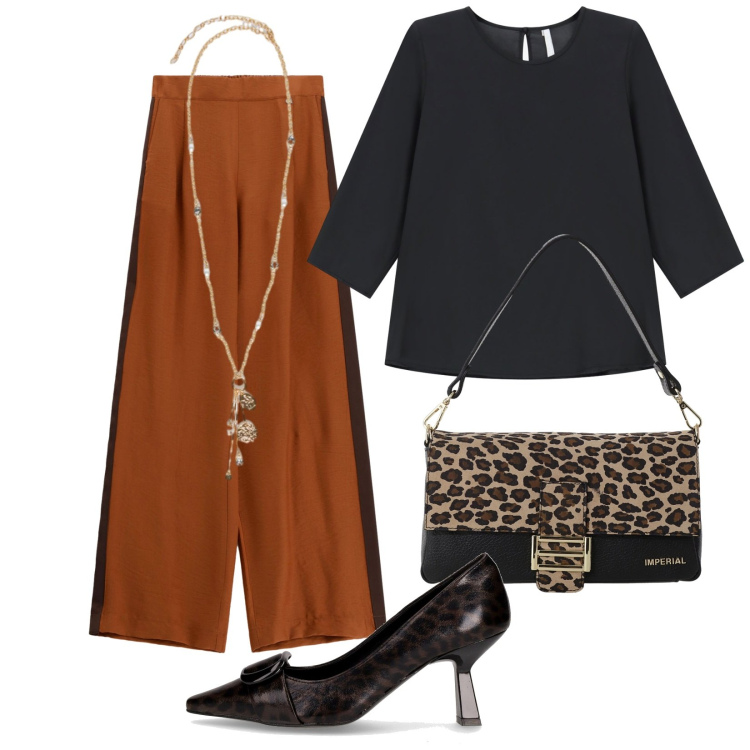 Outfit donna - Tocco animalier. Stile Glamour per Serata fuori. Abbinamento con borse a spalla, bluse, pantaloni a palazzo, ciondoli, décolleté.