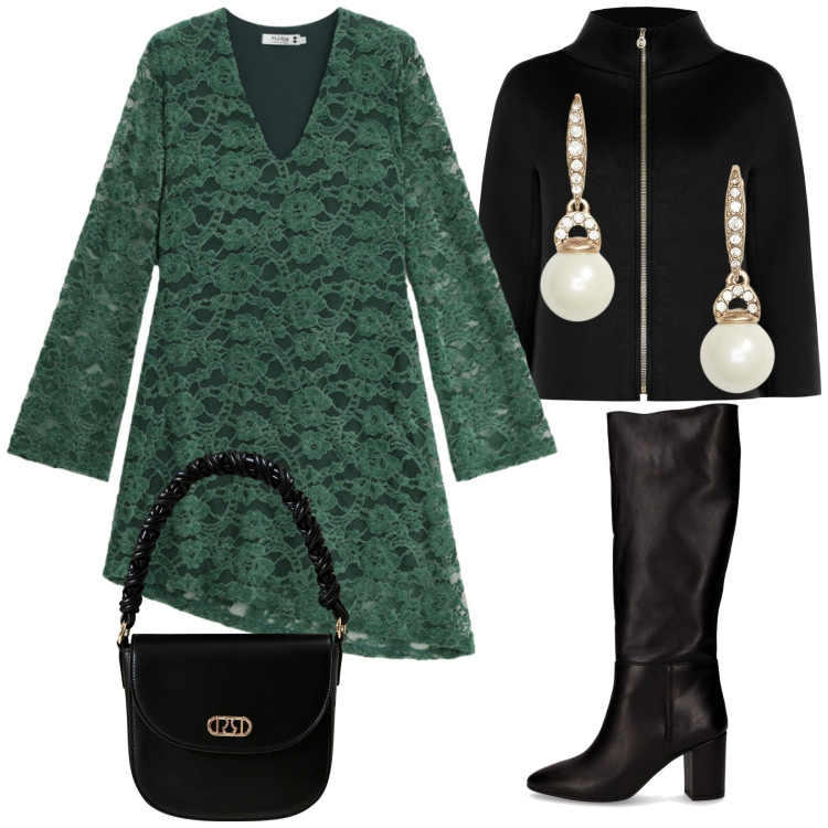 Outfit donna - Pizzo in verde. Stile Vintage retrò per Serata fuori. Abbinamento con vestiti corti, cappe, borse a mano, orecchini, stivali.