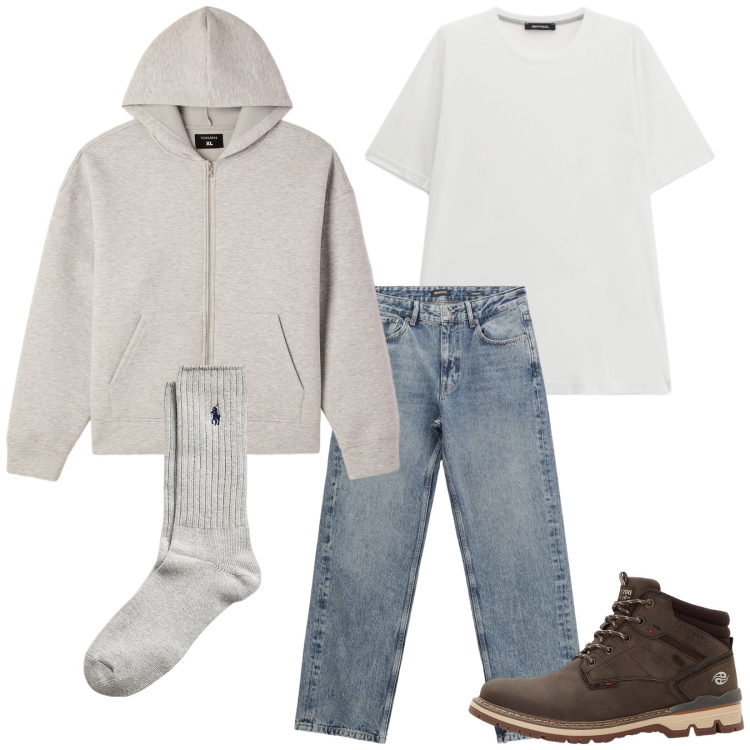 Outfit uomo - Total look #2285062. Stile Casual per Tutti i giorni. Abbinamento con stivali e stivaletti, felpe con cappuccio, jeans dritti, t-shirt, calzini.