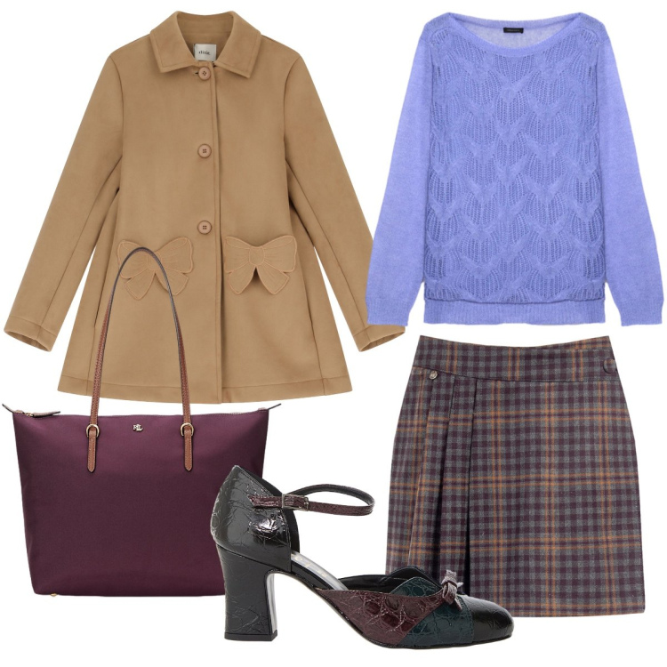 Outfit donna - Il cappottino coi fiocchi. Stile Romantica per Ufficio. Abbinamento con minigonne, cappotti, décolleté, borse tote, maglieria.