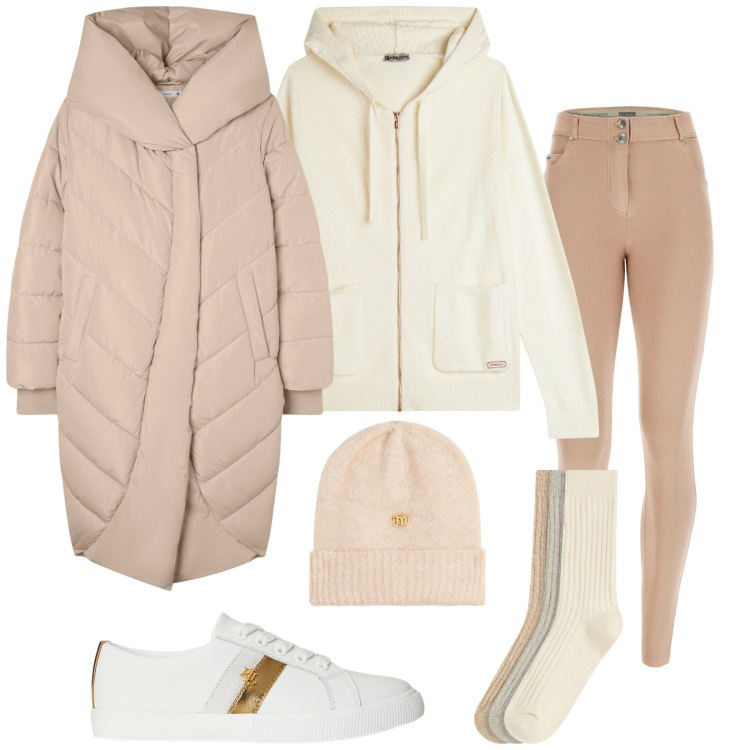 Outfit donna - Novembre al caldo. Stile Sporty chic per Tutti i giorni. Abbinamento con calzini, cappotti, maglieria, pantaloni skinny, berretti, sneakers.