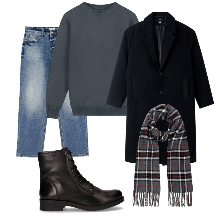 Outfit uomo - Total look #2285065. Stile Trendy per Tutti i giorni. Abbinamento con cappotti, jeans, maglieria, sciarpe, stivali e stivaletti.