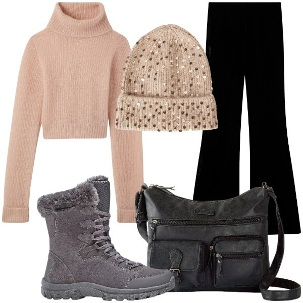 Outfit donna - Comfy autunnale. Stile Casual per Tutti i giorni. Abbinamento con stivaletti, borse a tracolla, berretti, leggings, maglieria.