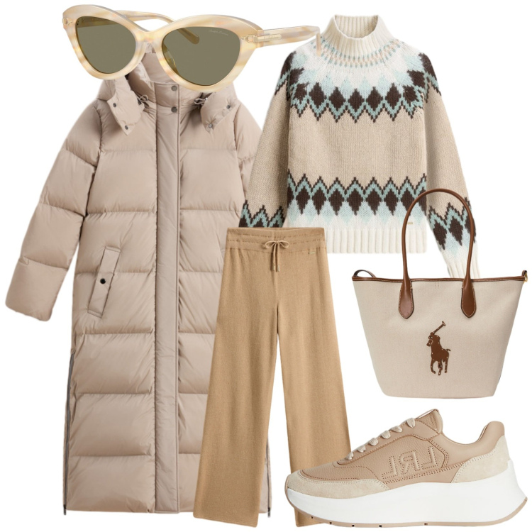 Outfit donna - Total look #2285071. Stile Casual per Tutti i giorni. Abbinamento con sneakers, occhiali da sole, borse tote, maglieria, parka, pantaloni.