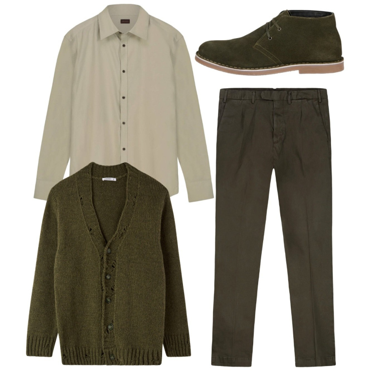 Outfit uomo - Total look. Stile Casual per Tutti i giorni. Abbinamento con cardigans, pantaloni, stivali e stivaletti, camicie.