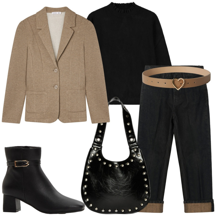 Outfit donna - Total look #2285073. Stile Casual chic per Tutti i giorni. Abbinamento con stivaletti, cinture, blazer, maglieria, jeans dritti, borse a spalla.