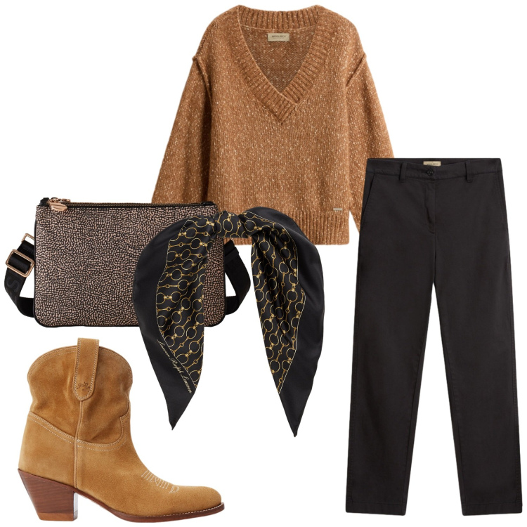 Outfit donna - Total look #2285074. Stile Casual per Tutti i giorni. Abbinamento con borse a tracolla, stivaletti, foulard, maglieria, pantaloni.