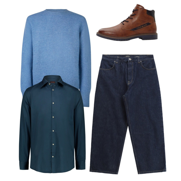 Outfit uomo - Total look. Stile Casual per Tutti i giorni. Abbinamento con anfibi, jeans, camicie, maglieria.