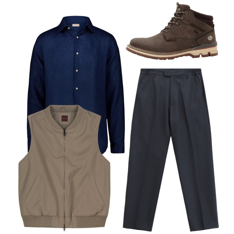 Outfit uomo - Total look. Stile Casual per Tutti i giorni. Abbinamento con stivali e stivaletti, pantaloni, camicie, piumini.