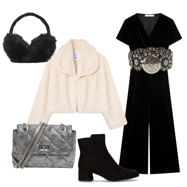 Outfit donna - Serata... Stile Glamour per Serata fuori. Abbinamento con tute, ecopellicce, borse a tracolla, cappelli, cinture, stivaletti.