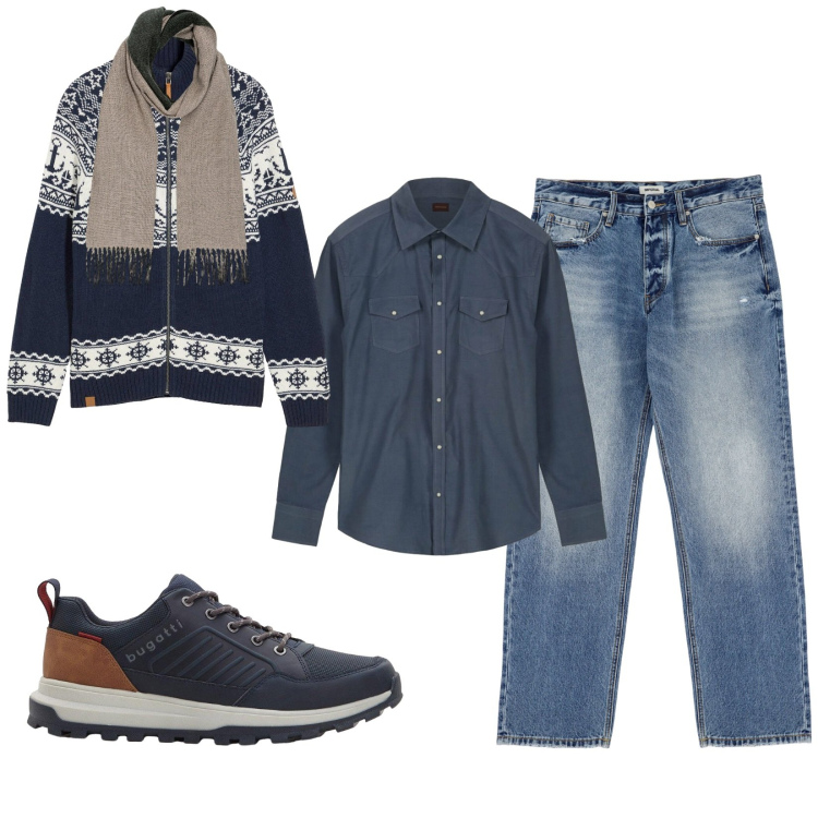 Outfit uomo - Total look #2285082. Stile Casual per Tutti i giorni. Abbinamento con cardigans, sneakers, jeans, sciarpe, camicie.