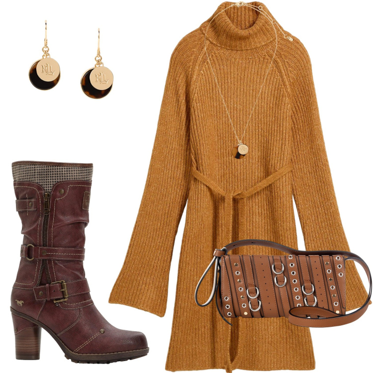 Outfit donna - Ufficio in autunno. Stile Casual per Ufficio. Abbinamento con orecchini, collane, borse a spalla, stivali, vestiti corti.