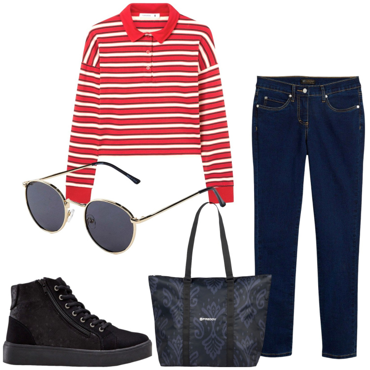 Outfit donna - Total look #2285084. Stile Basic per Tutti i giorni. Abbinamento con jeans dritti, sneakers alte, occhiali da sole, polo, shopping bag.