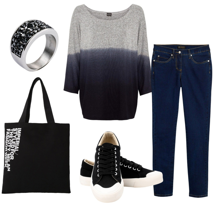 Outfit donna - Total look #2285085. Stile Basic per Tutti i giorni. Abbinamento con maglieria, jeans dritti, anelli, shopping bag, sneakers.