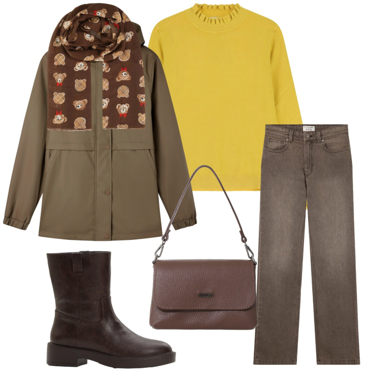 Outfit donna - Total look #2285087. Stile Casual per Tutti i giorni. Abbinamento con stivaletti, blazer, jeans bootcut, foulard, borse a tracolla, maglieria.