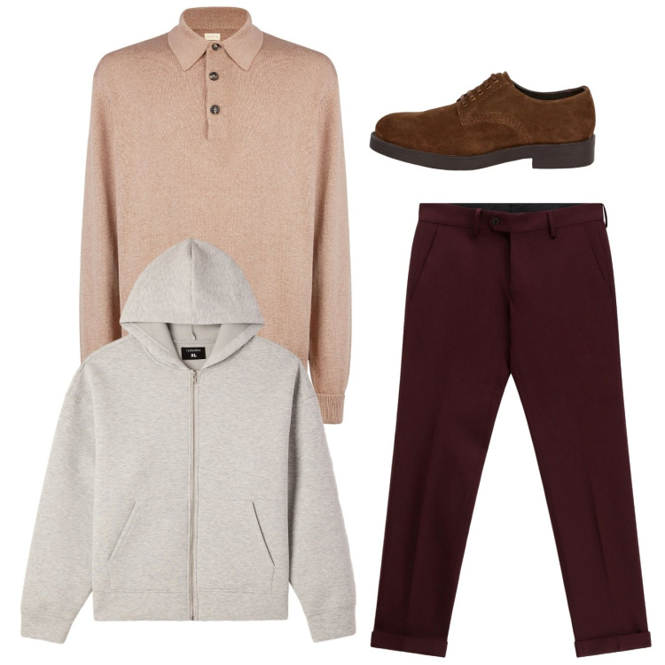Outfit uomo - Total look. Stile Casual per Tutti i giorni. Abbinamento con felpe con cappuccio, pantaloni, scarpe stringate, polo.