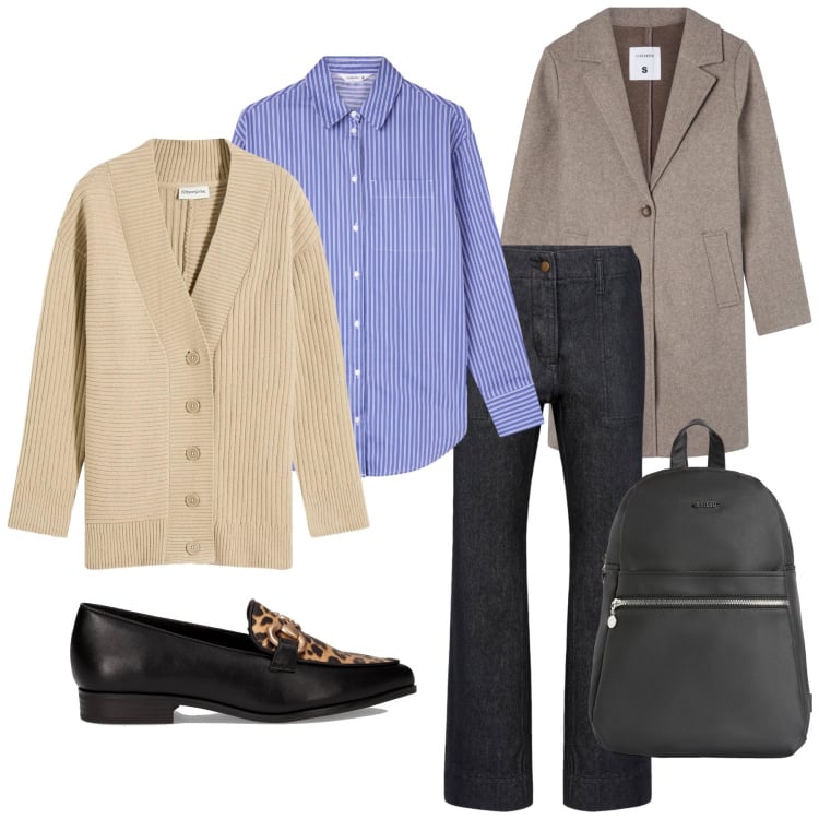 Outfit donna - Total look #2285095. Stile Mannish per Ufficio. Abbinamento con cardigans, cappotti, camicie, zaini, pantaloni, mocassini.