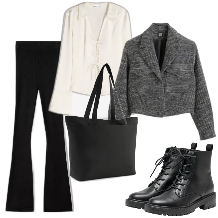 Outfit mujer - Basic look. Estilo Basic para Todos los días. Combinación con camisas, botines, blazers, bolso tote, pantalones.