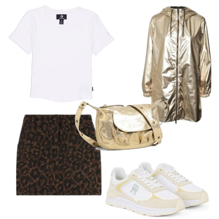 Outfit mujer - Sporty chic. Estilo Sporty chic para Todos los días. Combinación con trench, minifaldas, camiseta, sneakers, bolsos de hombro.