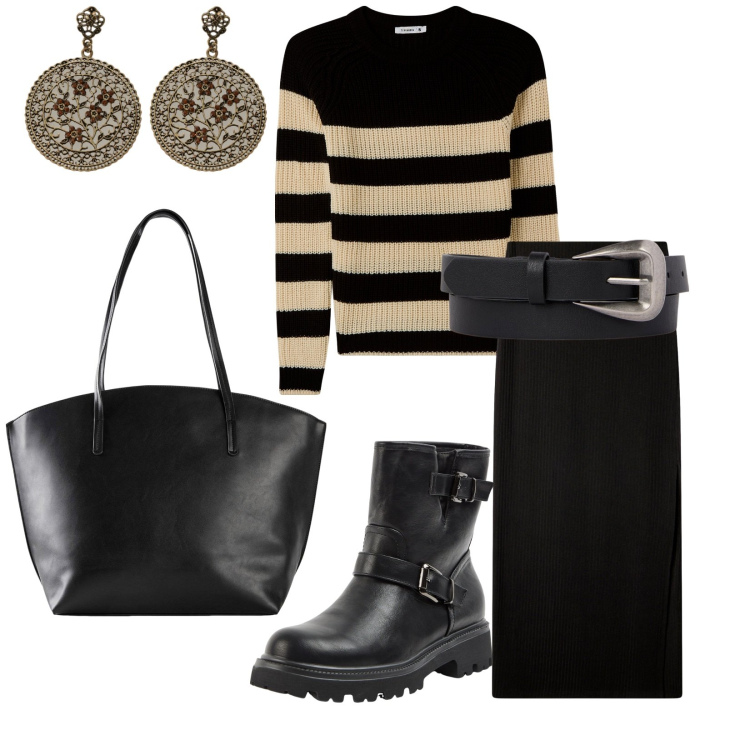 Outfit donna - Total look #2285125. Stile Casual chic per Tutti i giorni. Abbinamento con shopping bag, maglieria, stivaletti, gonne lunghe, orecchini, cinture.