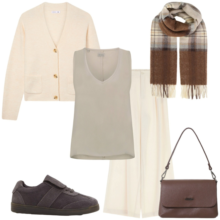 Outfit donna - Total look #2285127. Stile Casual per Tutti i giorni. Abbinamento con sneakers, sciarpe, cardigans, borse a tracolla, pantaloni a palazzo, top.
