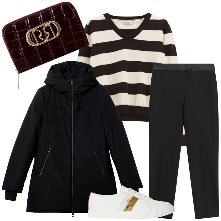 Outfit donna - Total look #2285129. Stile Casual chic per Tutti i giorni. Abbinamento con maglieria, portafogli, parka, pantaloni, sneakers.