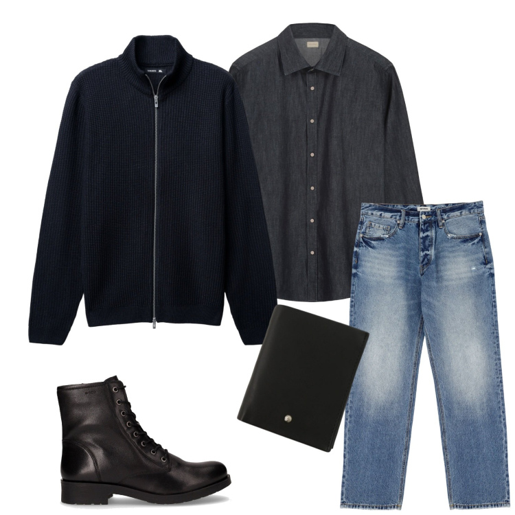 Outfit uomo - Total look #2285130. Stile Casual per Tutti i giorni. Abbinamento con cardigans, jeans, portafogli, camicie, stivali e stivaletti.