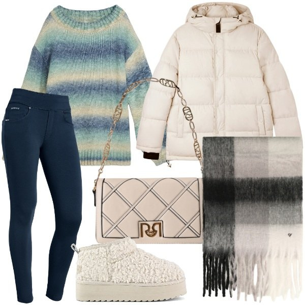 Outfit donna - Comfy autunnale Curvy. Stile Casual chic per Tutti i giorni. Abbinamento con maglieria, borse a tracolla, bomber, pantaloni skinny, sciarpe, stivaletti.