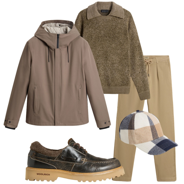 Outfit uomo - Woolrich. Stile Urban per Tutti i giorni. Abbinamento con pantaloni, scarpe stringate, maglieria, cappelli con visiera, giacche.