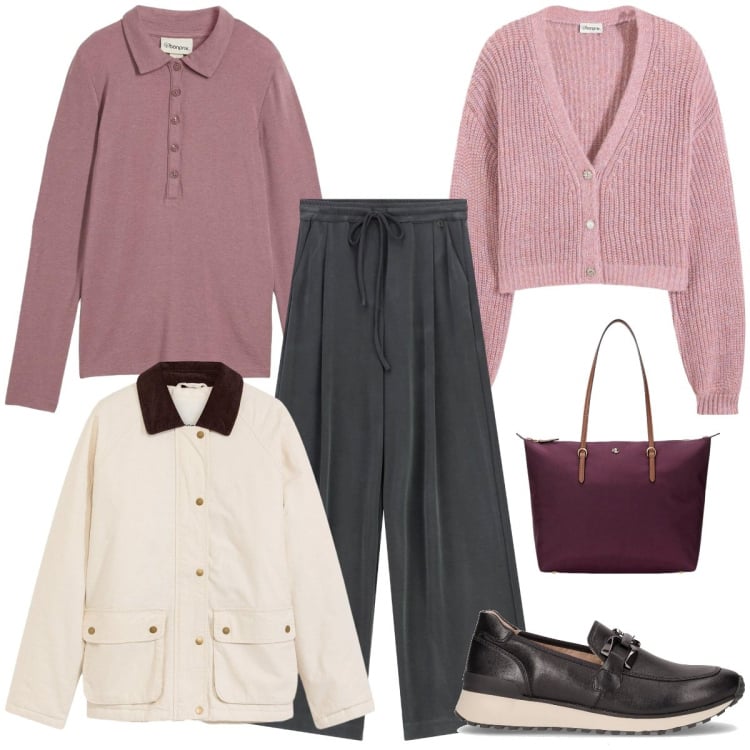 Outfit donna - Eleganza sportiva. Stile Bon Ton per Sport. Abbinamento con polo, cardigans, blazer, pantaloni a palazzo, borse tote, mocassini.