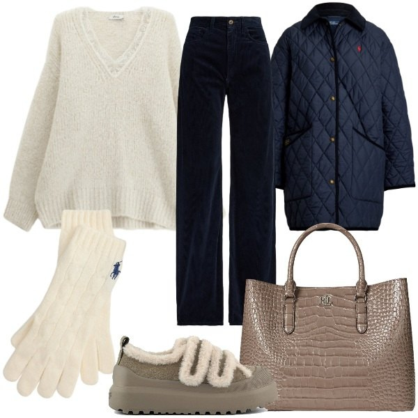 Outfit donna - Look confortevole. Stile Glamour per Serata fuori. Abbinamento con maglieria, pantaloni, borse a mano, guanti, giacche, sneakers.