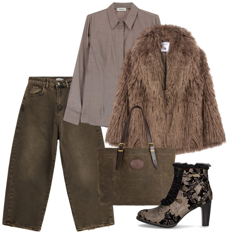 Outfit donna - Classe in jeans. Stile Chic per Serata fuori. Abbinamento con pantaloni a palazzo, ecopellicce, camicie, borse tote, stivaletti.