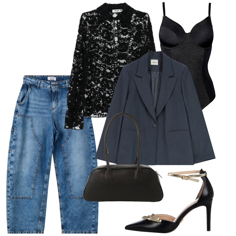 Outfit donna - Serata in pizzo e jeans. Stile Chic per Serata fuori. Abbinamento con body, camicie, décolleté, jeans dritti, blazer, borse a mano.