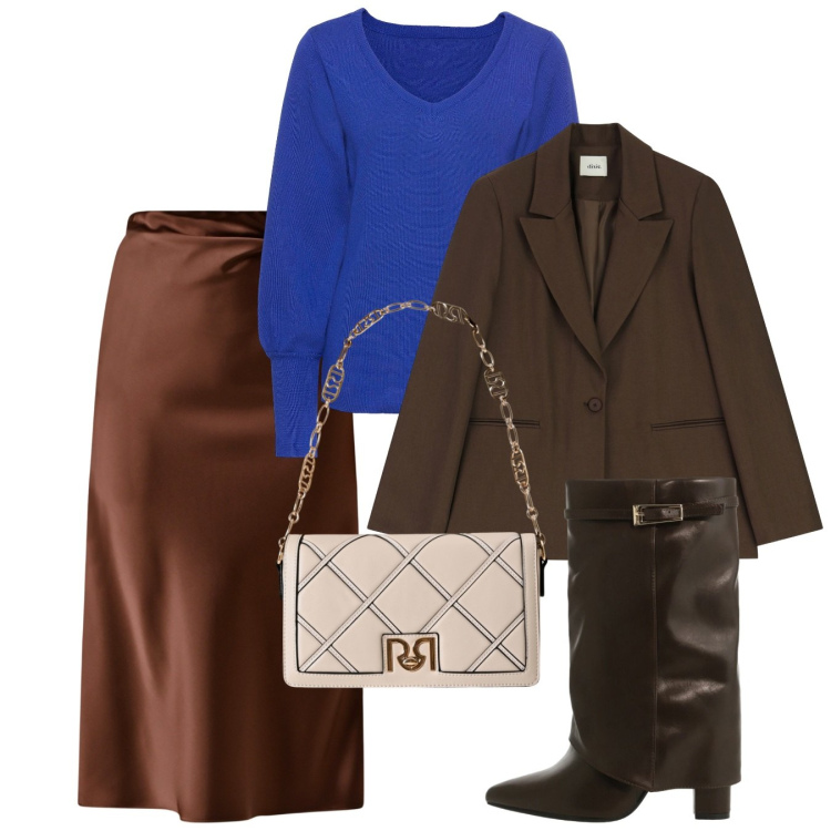 Outfit donna - Chic. Stile Chic per Tutti i giorni. Abbinamento con maglieria, gonne longuette, borse a tracolla, stivali, blazer.