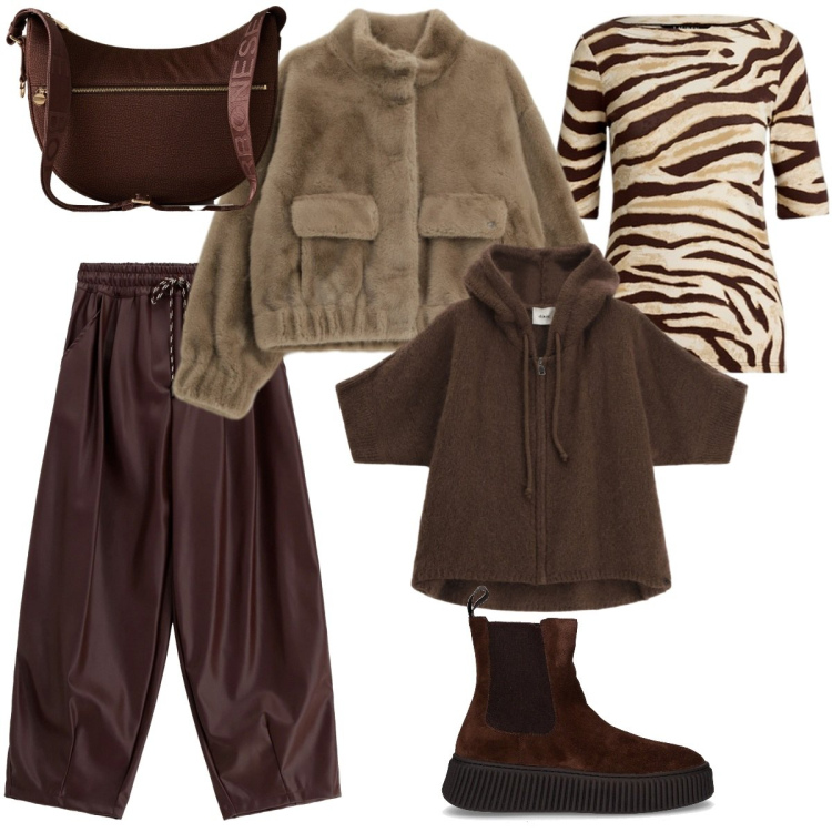 Outfit donna - Sporty Natural. Stile Etnico per Sport. Abbinamento con blazer, borse a spalla, pantaloni a palazzo, cardigans, t-shirt, stivaletti chelsea.