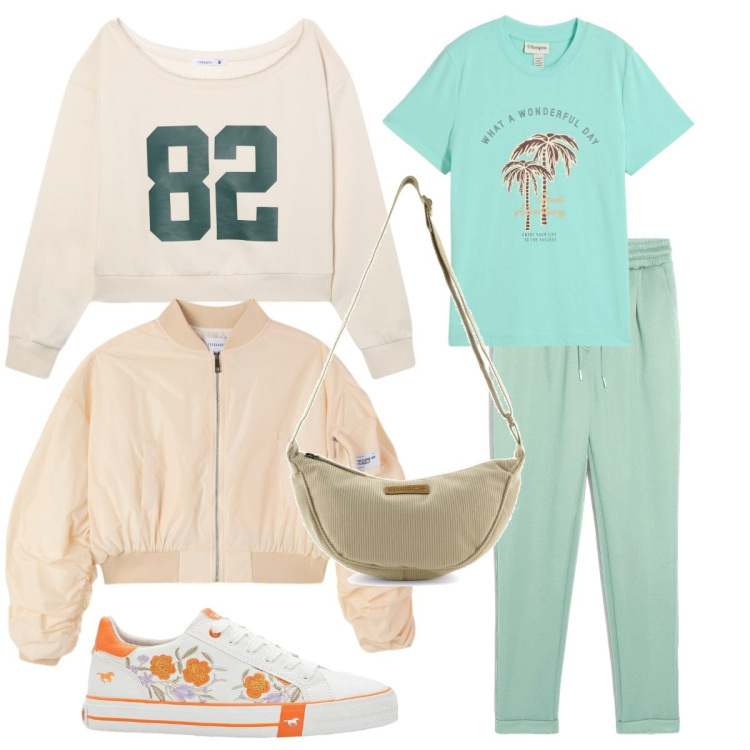 Outfit donna - divertimento sportivo. Stile Casual per Sport. Abbinamento con sneakers, t-shirt, pantaloni chino, felpe, bomber, borse a tracolla.