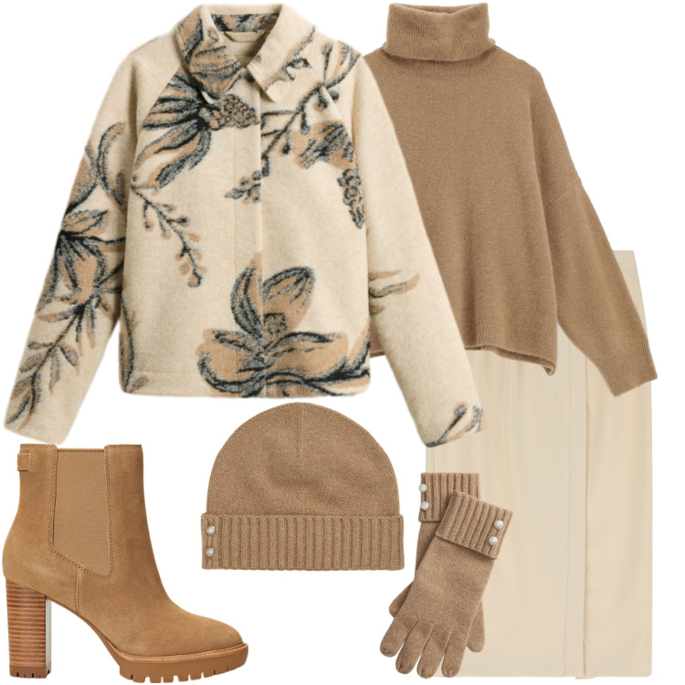 Outfit donna - Cozy e chic. Stile Casual chic per Tutti i giorni. Abbinamento con maglieria, gonne, berretti, guanti, stivaletti chelsea, cappotti.