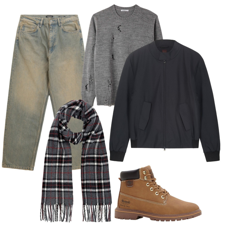 Outfit uomo - Con gli Amici. Stile Casual per Serata speciale. Abbinamento con stivali e stivaletti, maglieria, jeans, sciarpe, bomber.