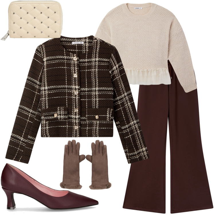 Outfit donna - Terranova Black Friday. Stile Casual chic per Ufficio. Abbinamento con blazer, guanti, maglieria, portafogli, pantaloni, décolleté.