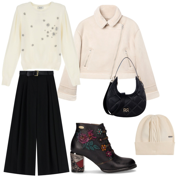 Outfit donna - Comodita’ impreziosita da dettagli. Stile Casual chic per Tutti i giorni. Abbinamento con giacche, borse a tracolla, pantaloni a palazzo, maglieria, berretti, stivaletti.