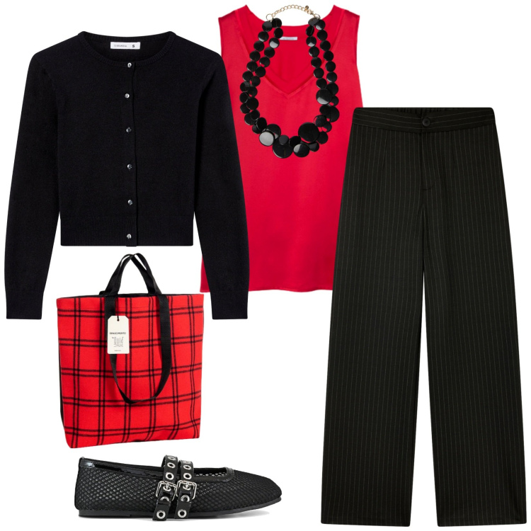 Outfit donna - Total look #2285159. Stile Casual chic per Tutti i giorni. Abbinamento con borse tote, cardigans, pantaloni, collane, top, ballerine.