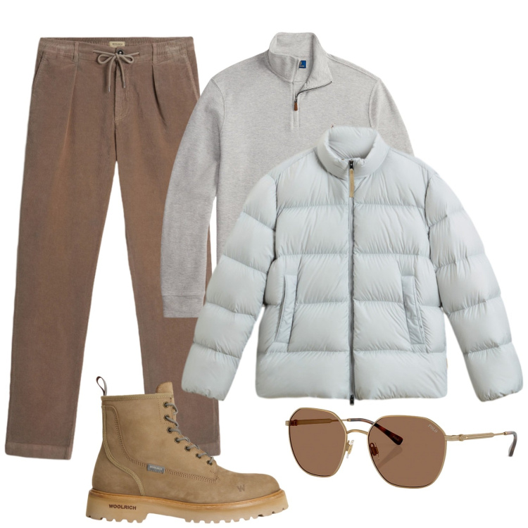 Outfit uomo - In città. Stile Casual per Tutti i giorni. Abbinamento con occhiali da sole, pullovers, pantaloni, anfibi, piumini.