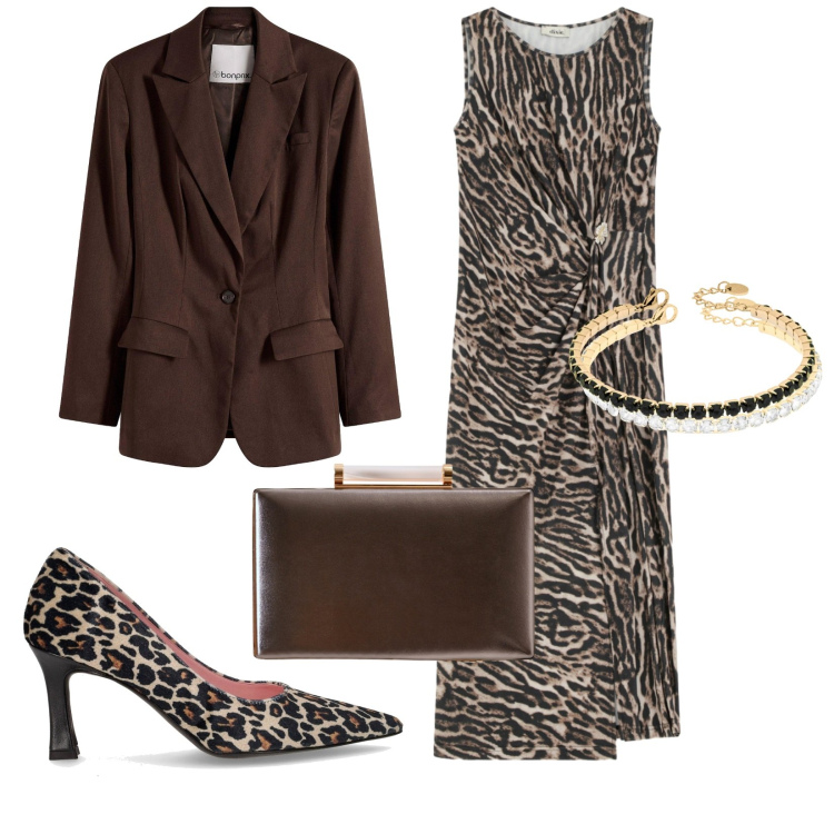 Outfit donna - Total look #2285161. Stile Glamour per Serata fuori. Abbinamento con blazer, clutch, braccialetti, braccialetti, vestiti midi/longuette, décolleté.