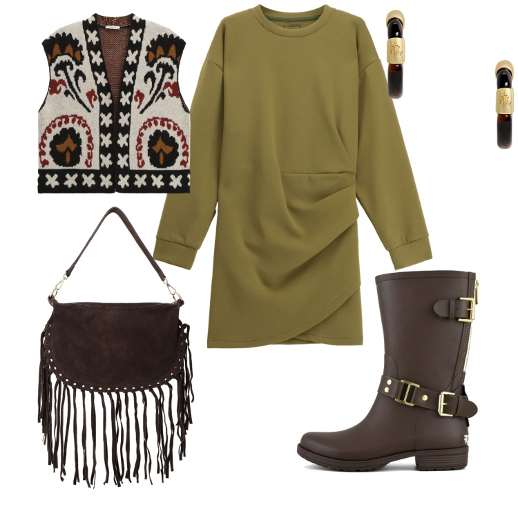 Outfit donna - Total look #2285162. Stile Boho per Serata fuori. Abbinamento con vestiti corti, borse a tracolla, gilet, orecchini, stivali.