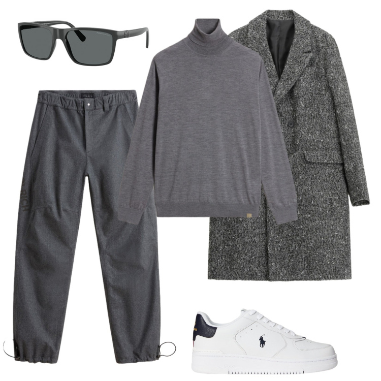 Outfit uomo - Grigio e Trendy. Stile Trendy per Tutti i giorni. Abbinamento con cappotti, occhiali da sole, sneakers, pantaloni, maglieria.